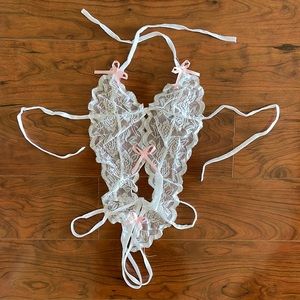 White Lace and Pink Bow 1 Piece Lingerie